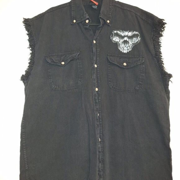 leeve Black Canyon Men’s Button Up Biker Style Cutoff Sleeve Winged Skuless 2xl - Picture 1 of 5